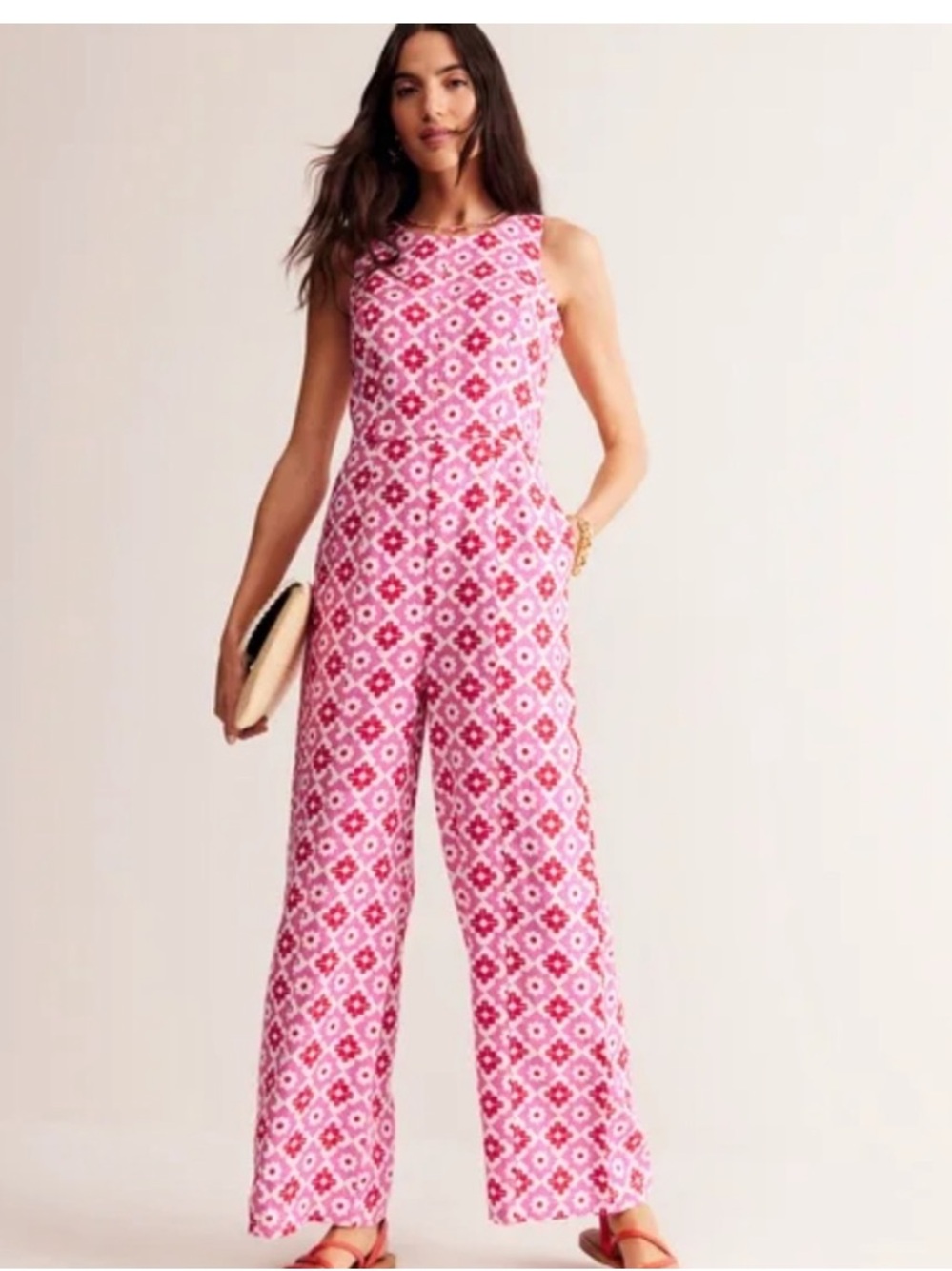 Boden Women's Carla Linen Jumpsuit Pink Power, Geometric Stamp Size 2 Tall